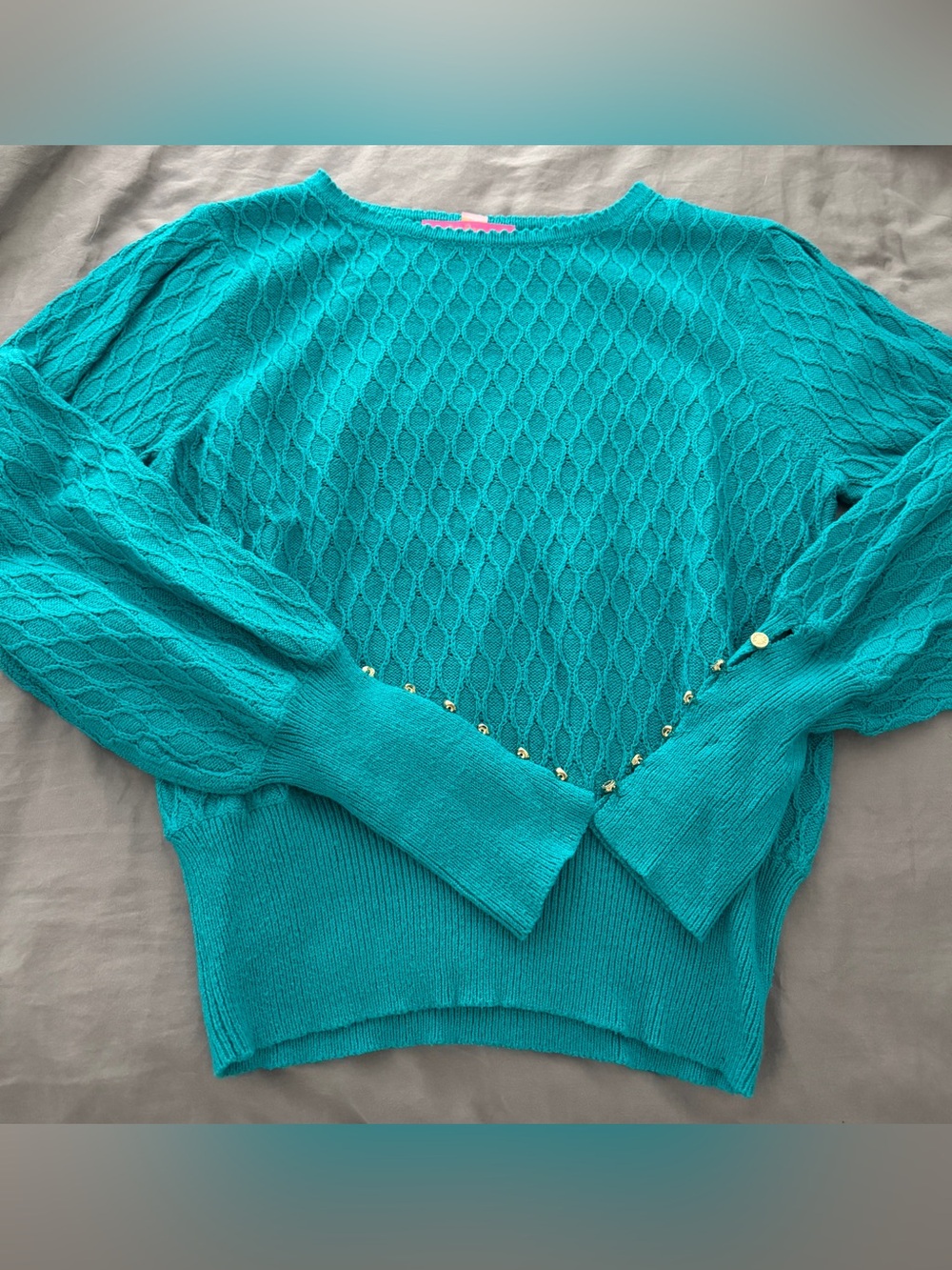 Lilly Pulitzer Teal Cable-Knit puff sleeve Sweater with Gold Buttons